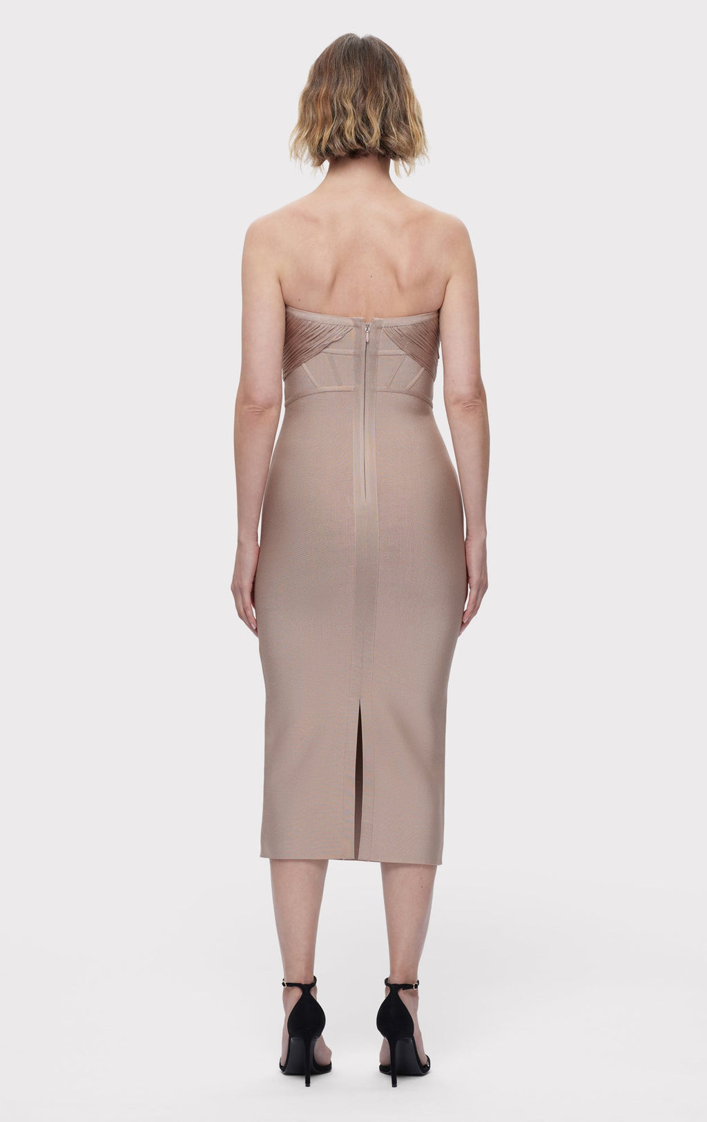 DRAPED STRAPLESS FRINGE MIDI DRESS