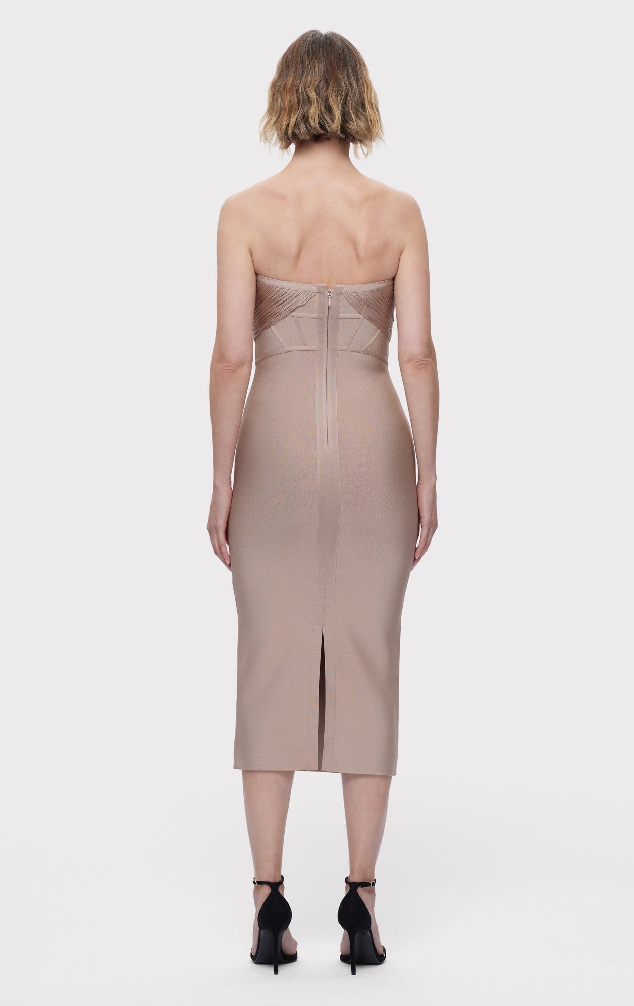 DRAPED STRAPLESS FRINGE MIDI DRESS