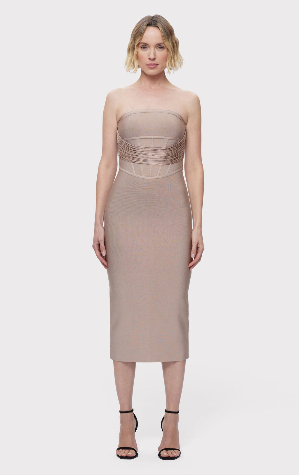 DRAPED STRAPLESS FRINGE MIDI DRESS