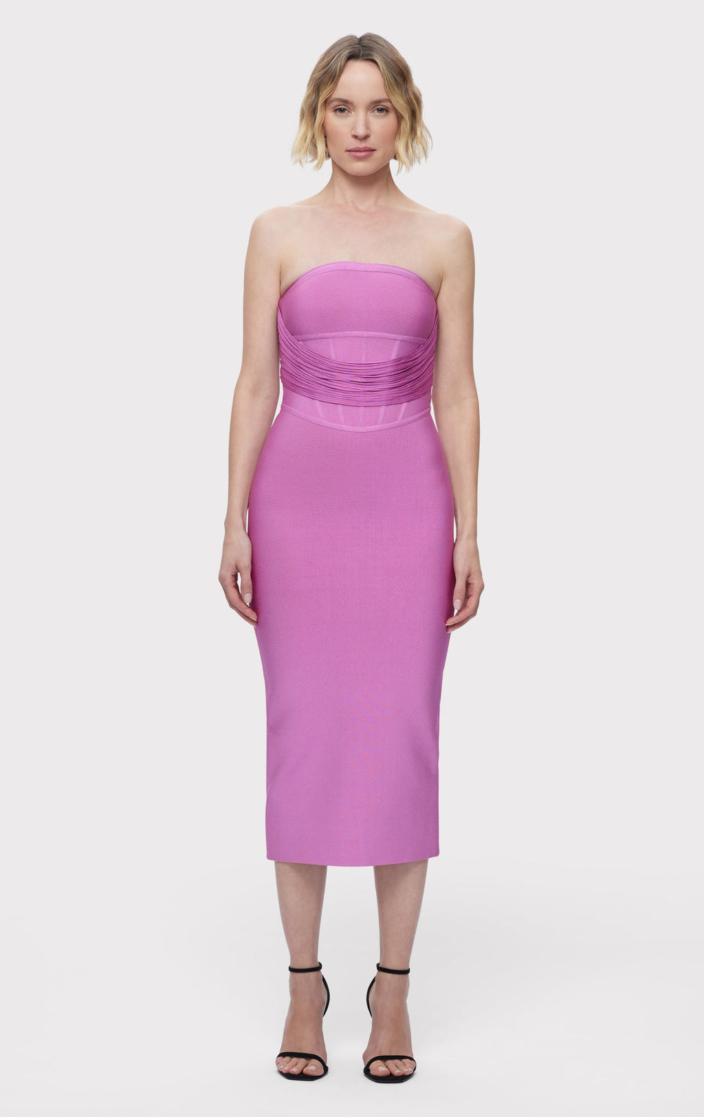 DRAPED STRAPLESS FRINGE MIDI DRESS