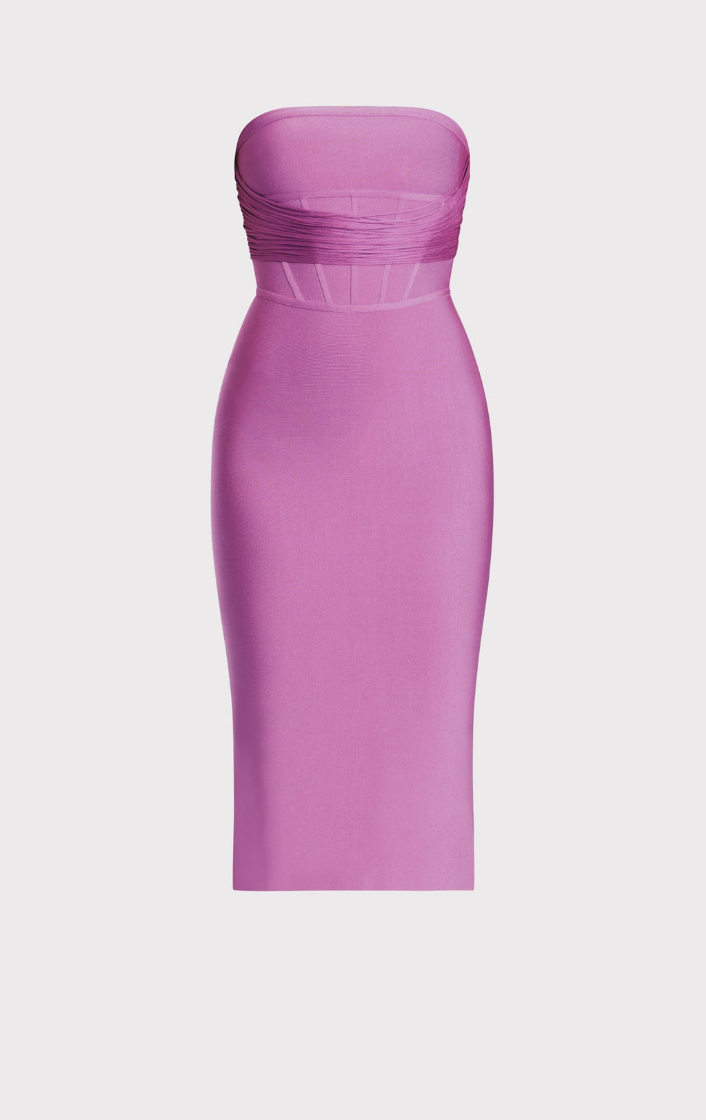 DRAPED STRAPLESS FRINGE MIDI DRESS