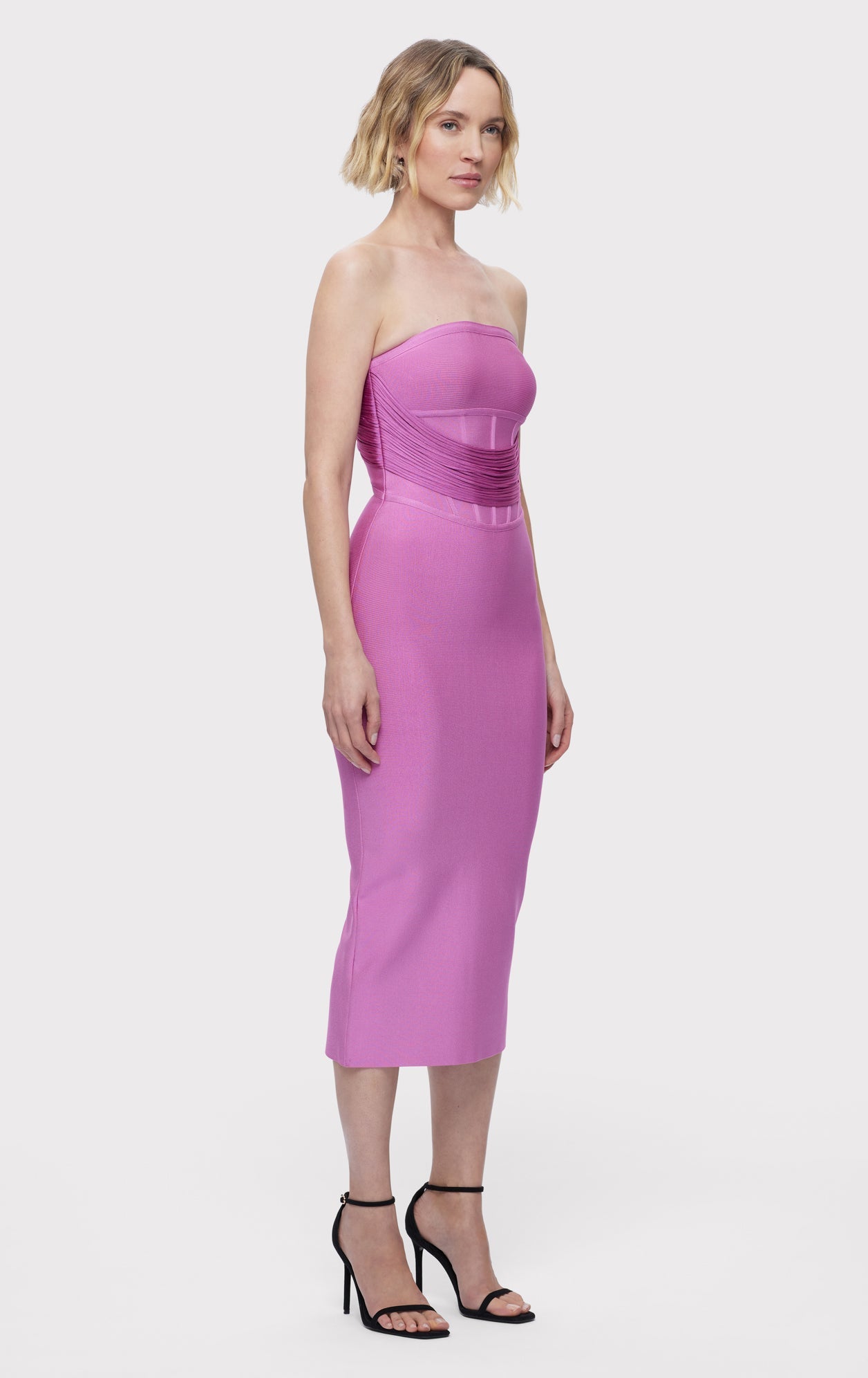 DRAPED STRAPLESS FRINGE MIDI DRESS