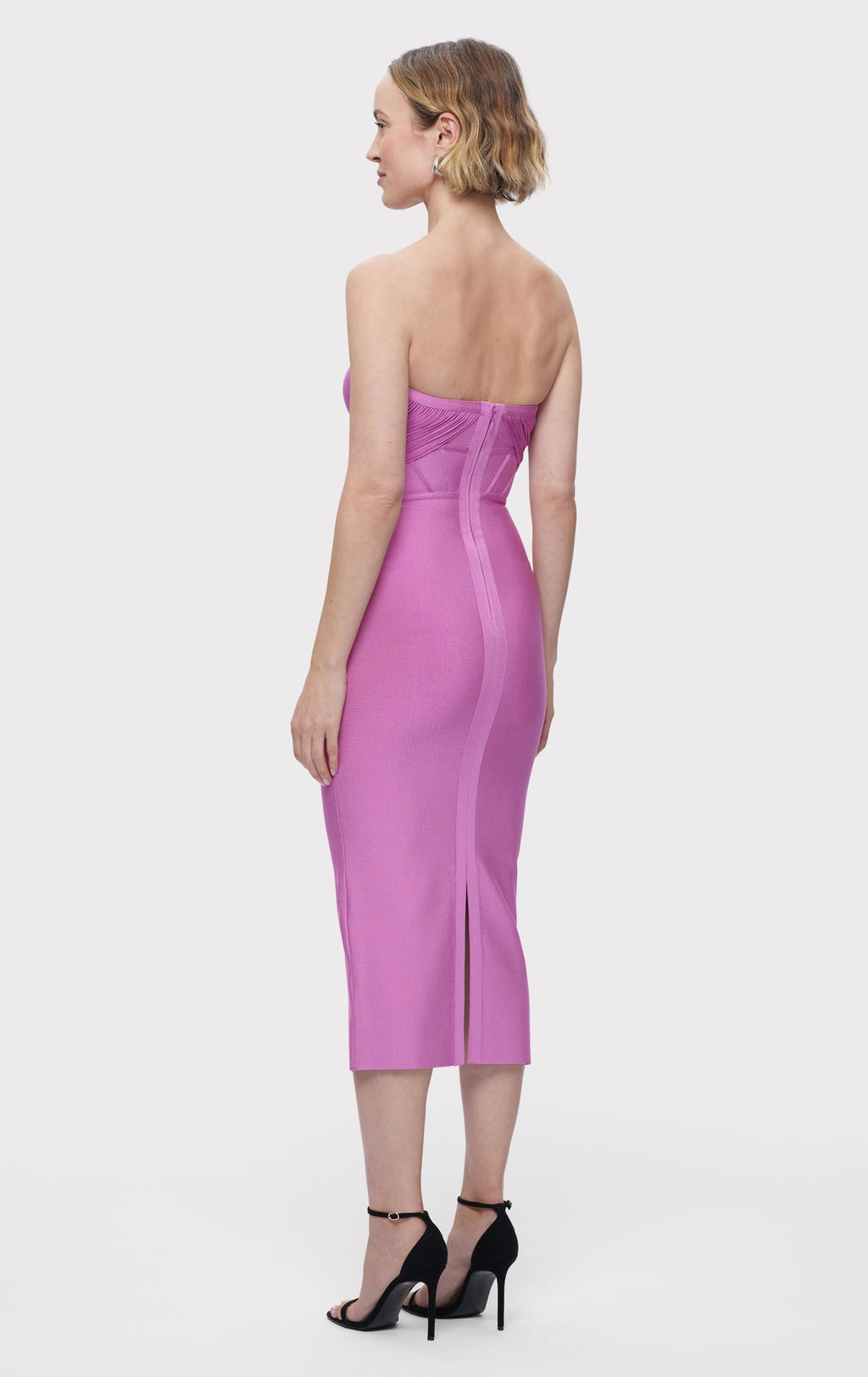 DRAPED STRAPLESS FRINGE MIDI DRESS