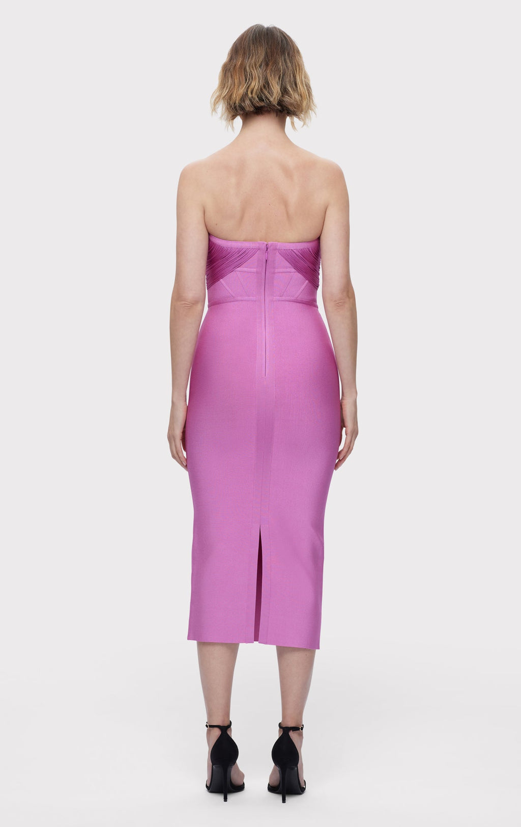 DRAPED STRAPLESS FRINGE MIDI DRESS