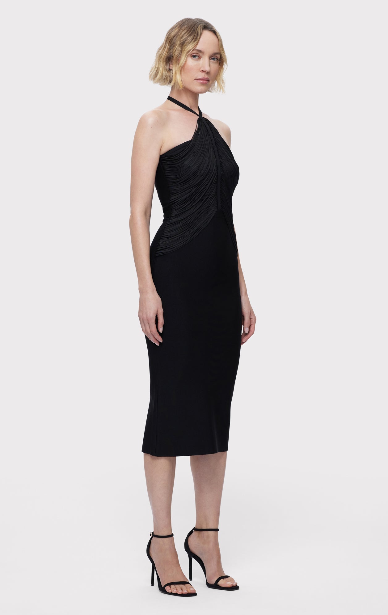 DRAPED HALTER FRINGE MIDI DRESS
