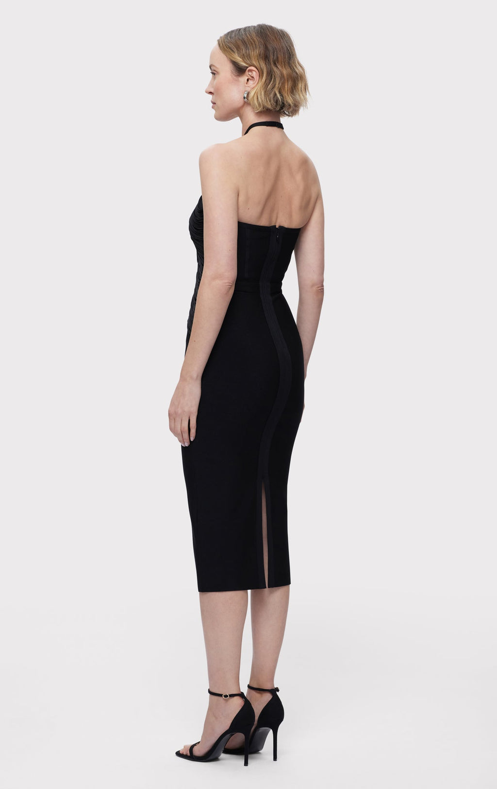 DRAPED HALTER FRINGE MIDI DRESS
