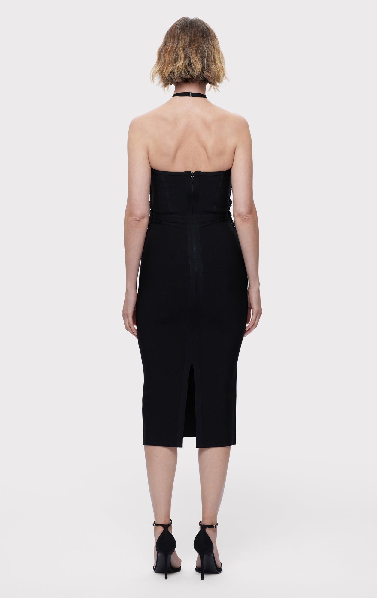 DRAPED HALTER FRINGE MIDI DRESS