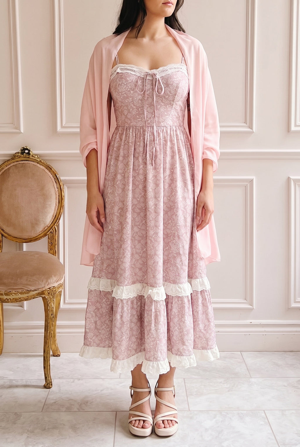 Uluria | Pink Floral Midi Dress with Sweetheart Neckline