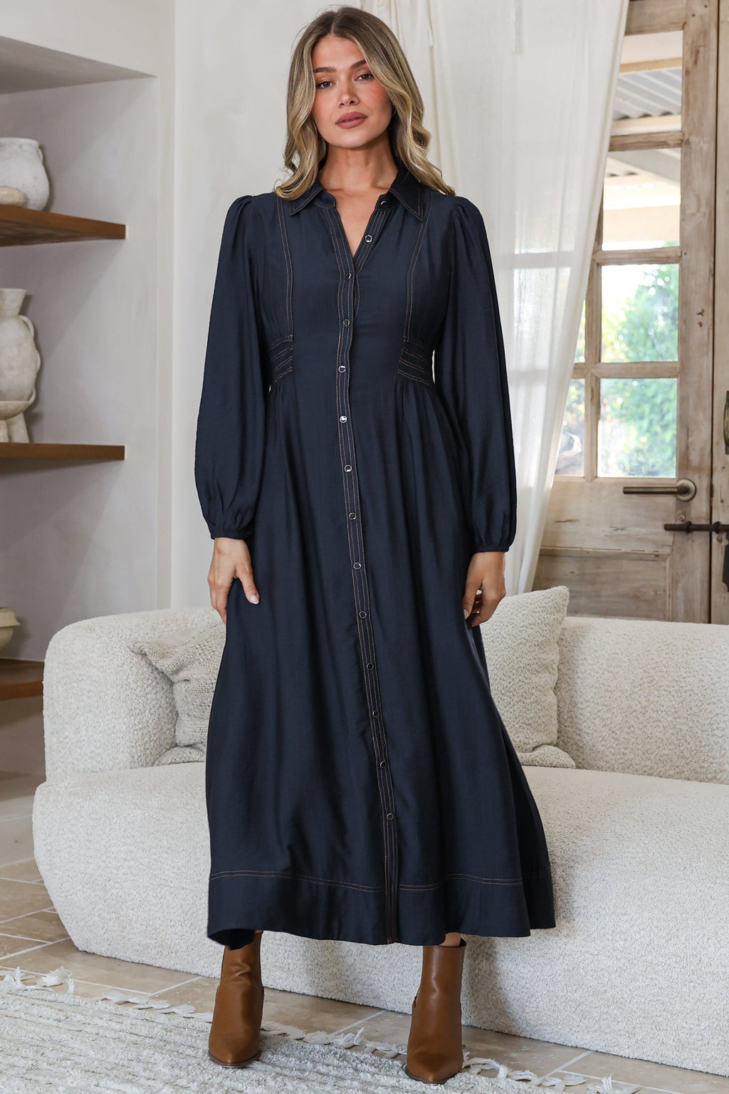 Ferris Midi Dress - Collared Button Bodice A-Line Dress with Long Sleeves in Navy