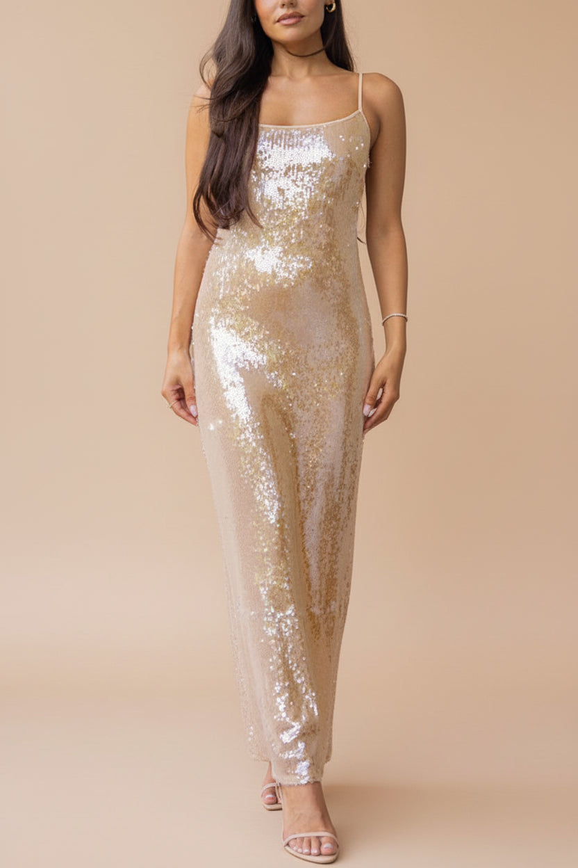 Georgiana | Beige Sequin Midi Dress with Delicate Straps