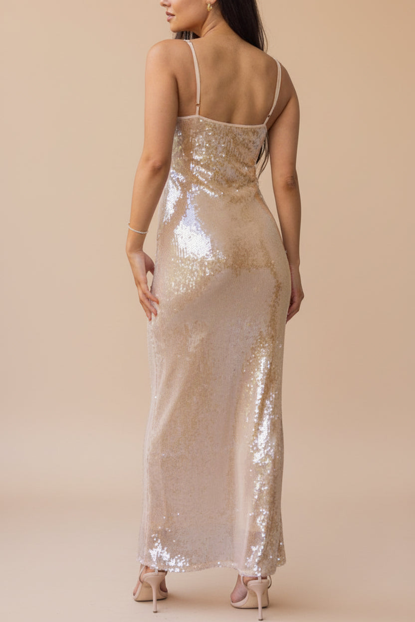 Georgiana | Beige Sequin Midi Dress with Delicate Straps
