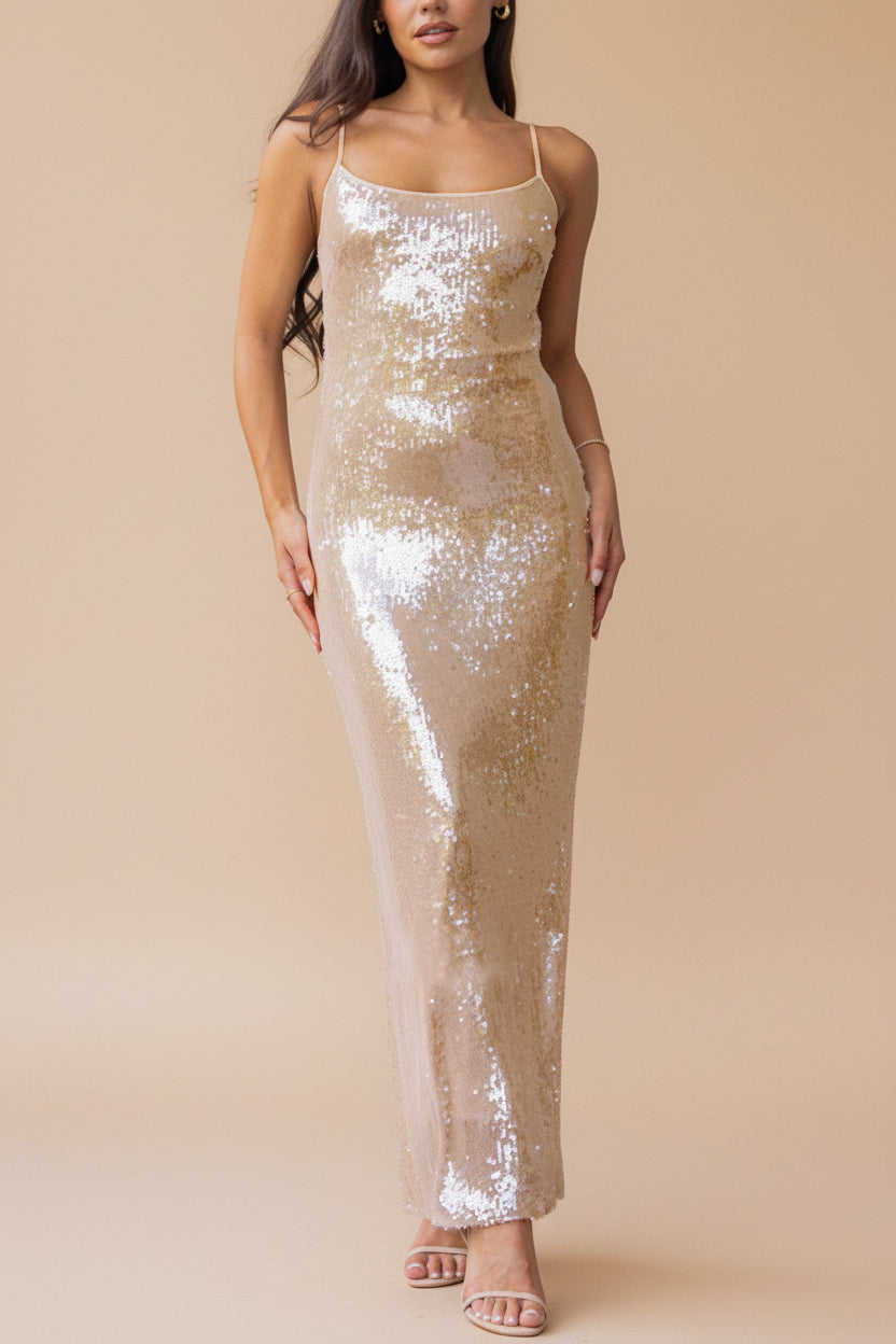 Georgiana | Beige Sequin Midi Dress with Delicate Straps