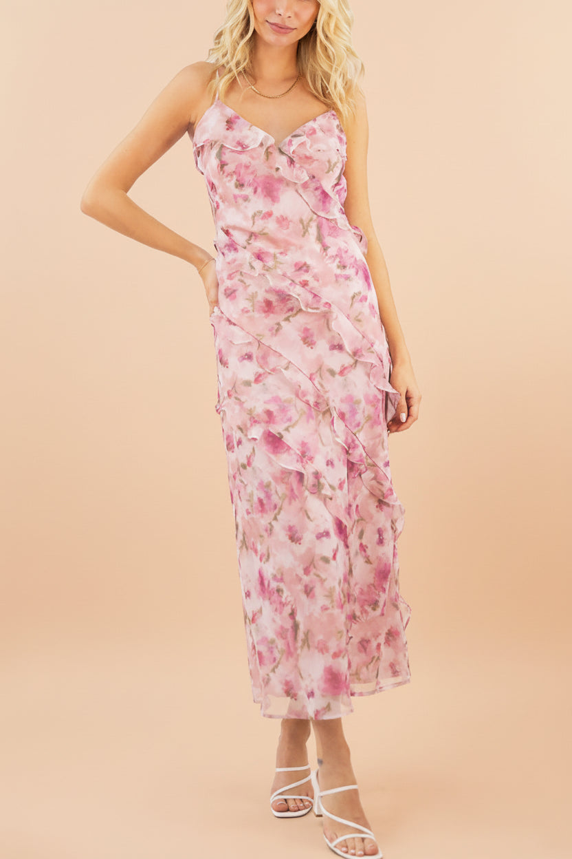Glynis | Pink Floral Ruffled Midi Dress with Slit