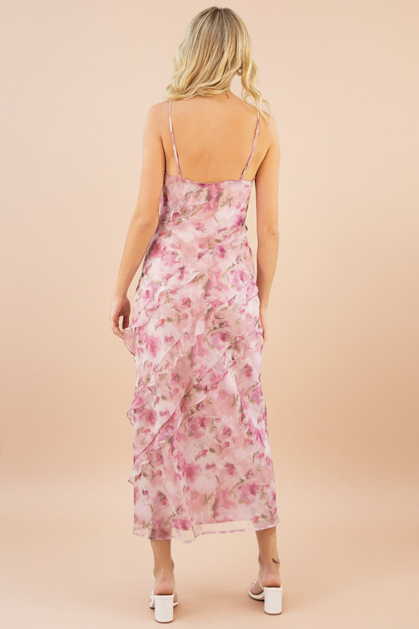 Glynis | Pink Floral Ruffled Midi Dress with Slit
