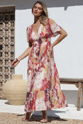 Glades Maxi Dress - V Neck Shirred Waist A Line Dress in Kamara Print Red