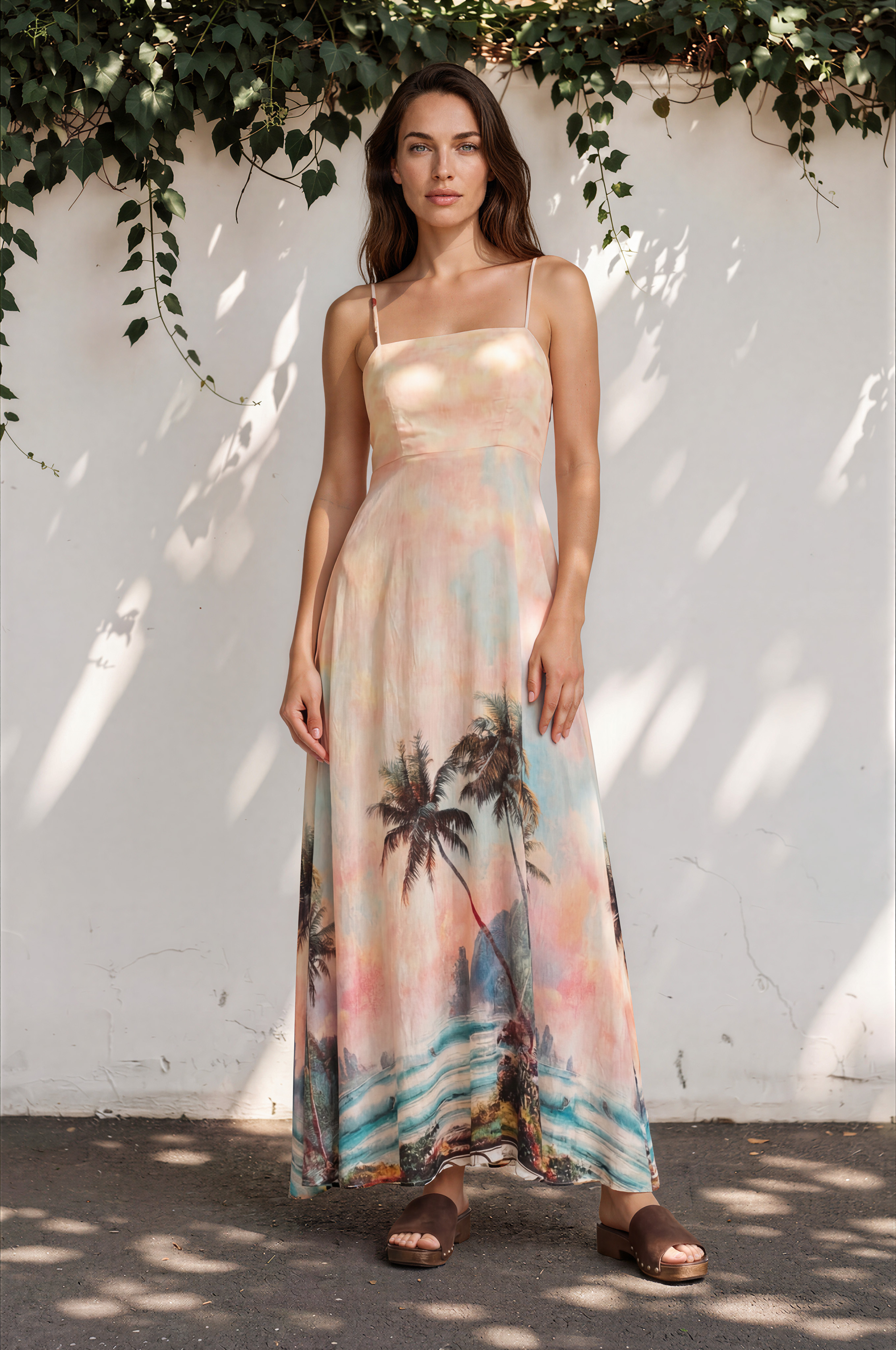 Gretal Maxi Dress - Sqaure Neck A-Line Dress with Adjustable Spaghetti Straps in Darya Print