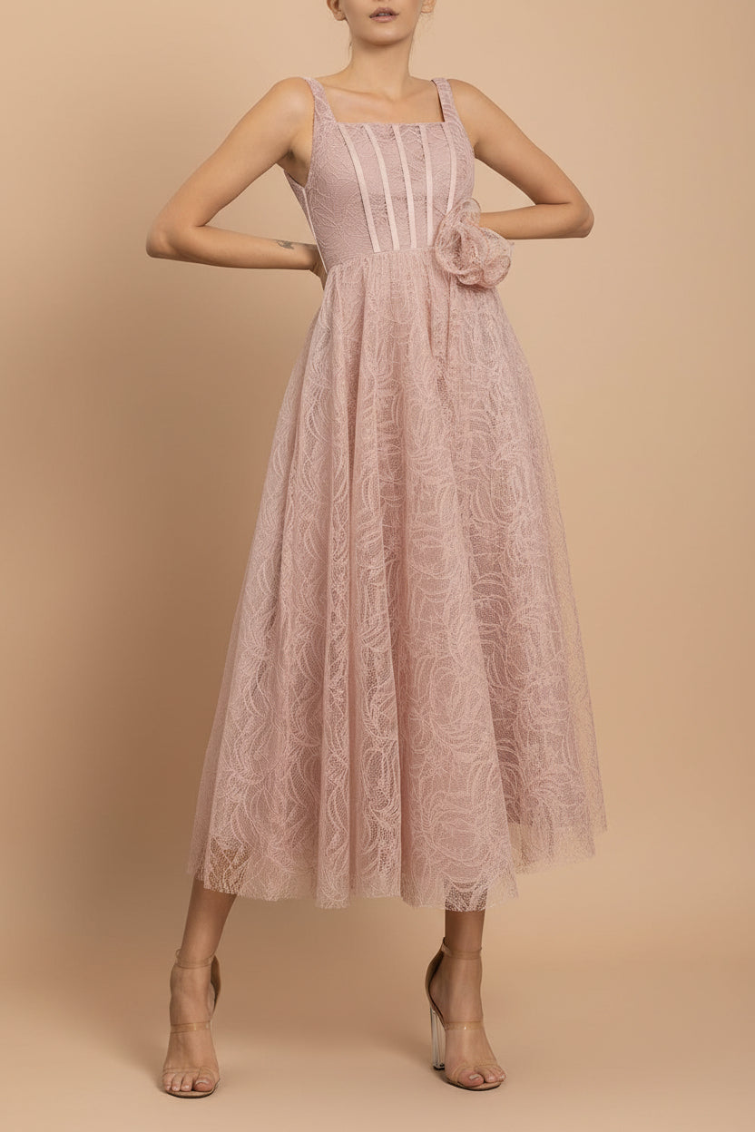 Hellis | Pink Midi Dress with 3D Flower