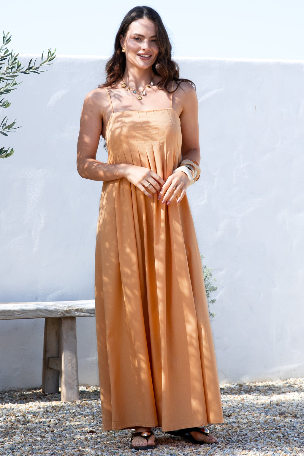 Hepburn Maxi Dress - Adjustable Strap Pleated Bodice Sun Dress in Peach