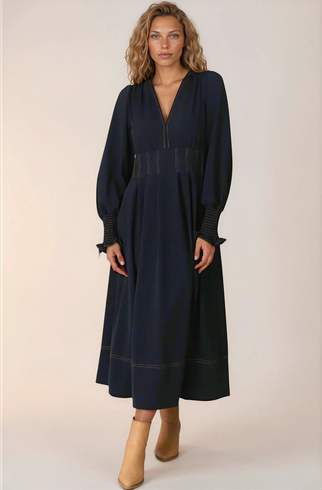 Karey Midi Dress - Fit and Flare Contrast Stitching Dress in Dark Denim