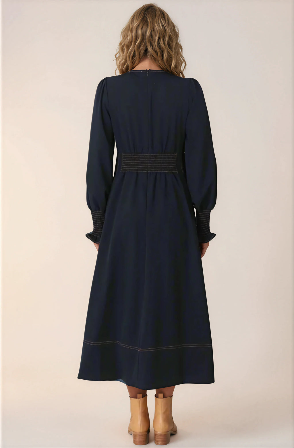 Karey Midi Dress - Fit and Flare Contrast Stitching Dress in Dark Denim