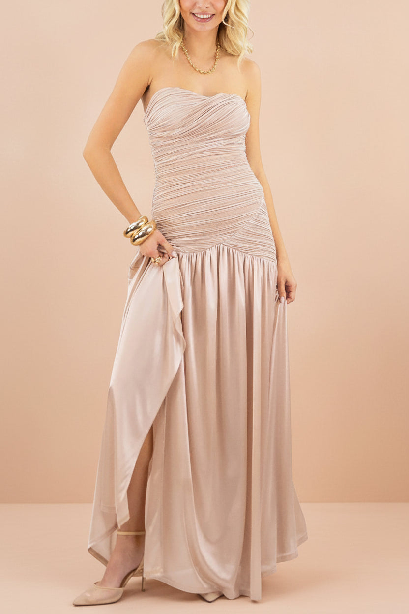 Islana | Champagne Strapless Pleated Maxi Dress