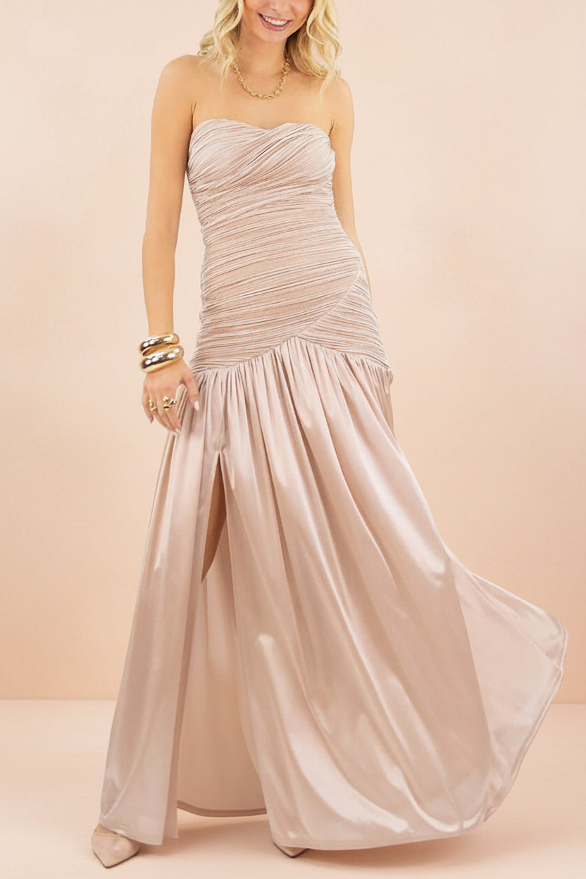 Islana | Champagne Strapless Pleated Maxi Dress