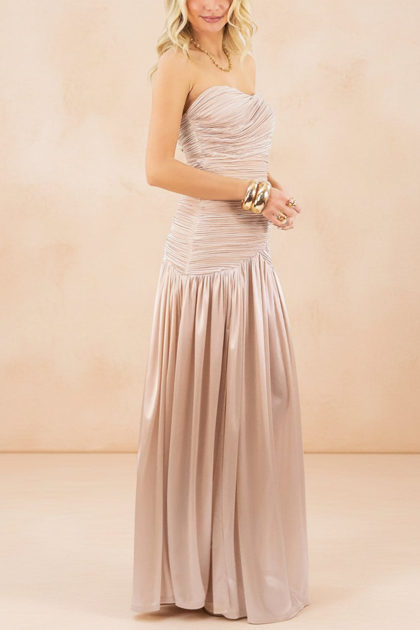 Islana | Champagne Strapless Pleated Maxi Dress