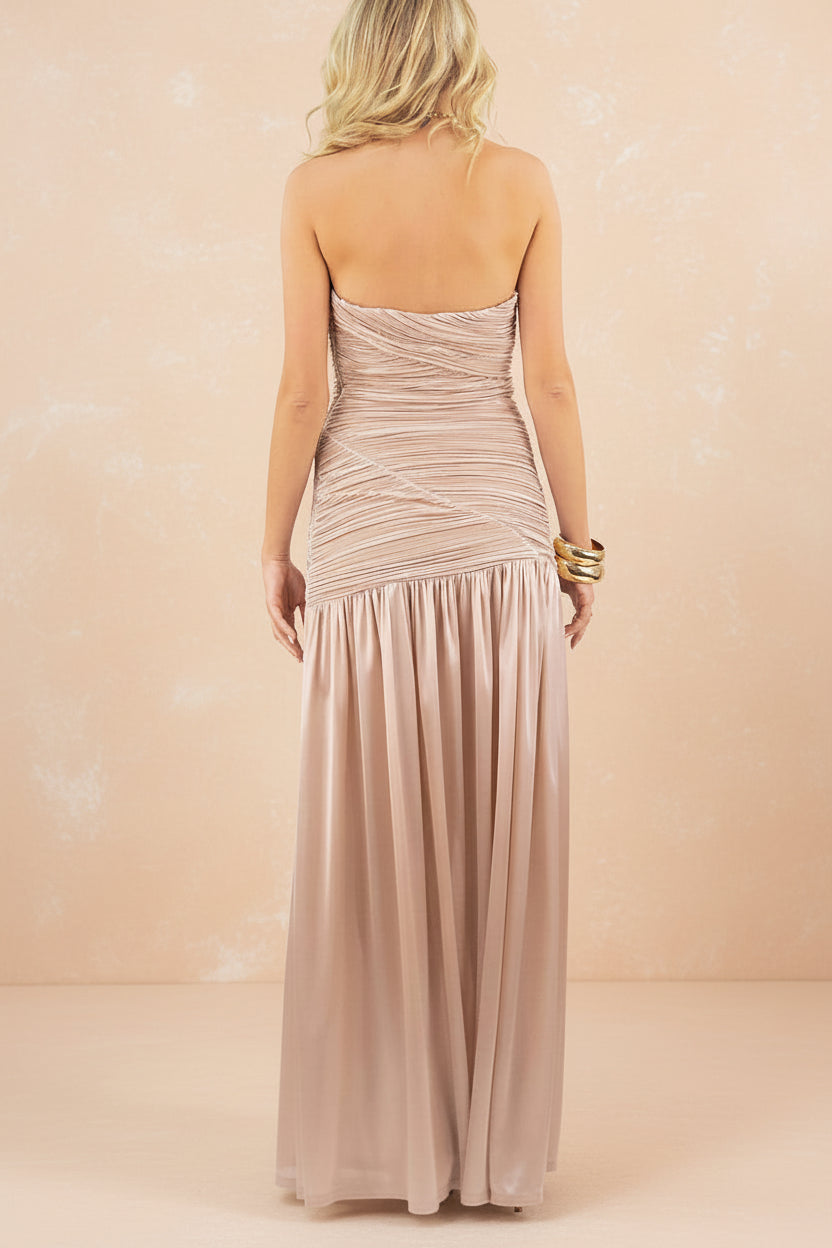 Islana | Champagne Strapless Pleated Maxi Dress