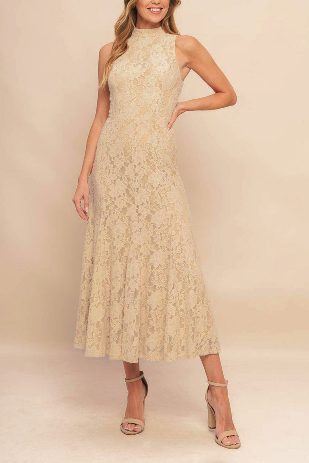 Josephine | Beige Sleeveless Lace Midi Dress