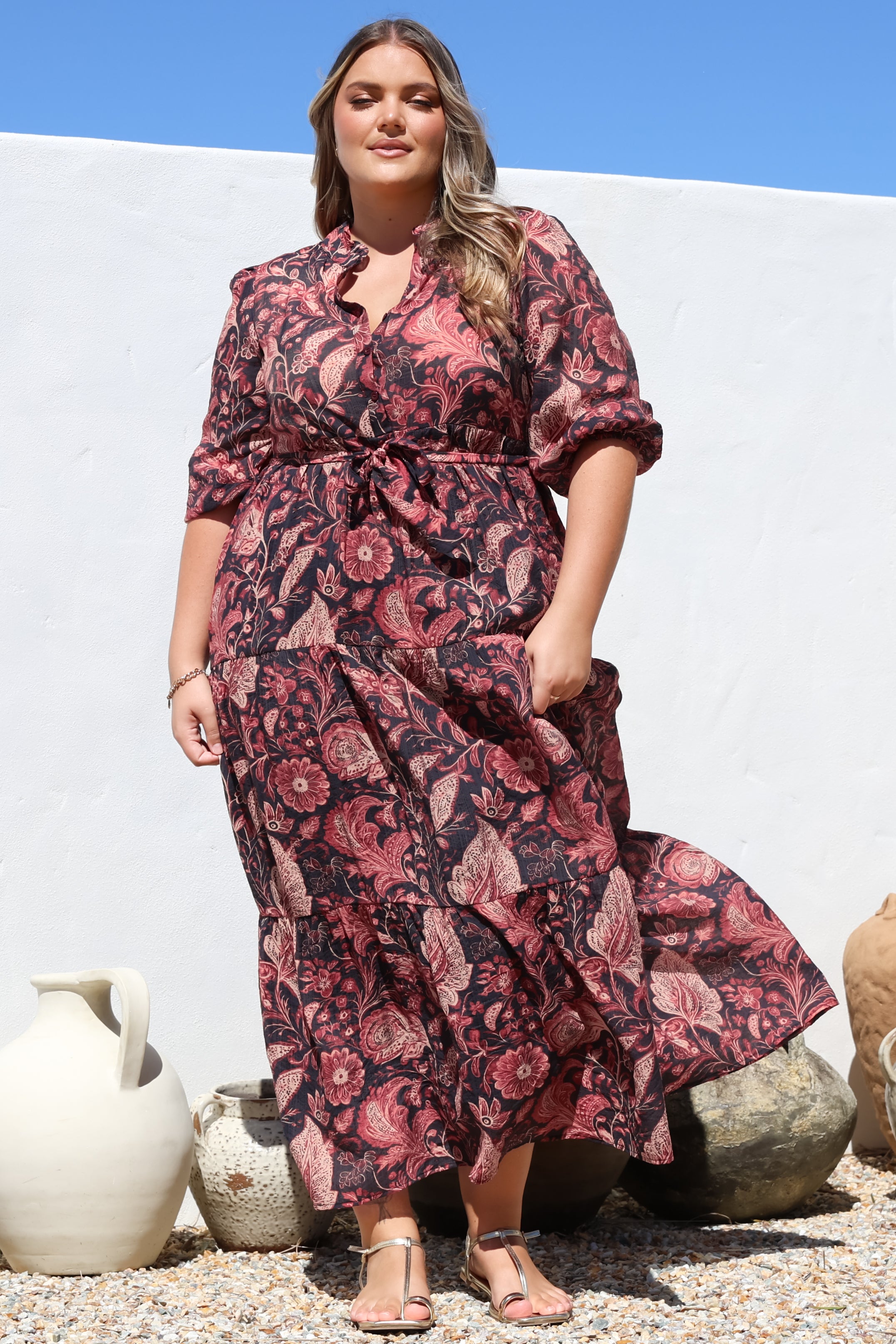 Jenni Maxi Dress - Frill Collar 3/4 Sleeve Dress with Waist Tie in Narah Print