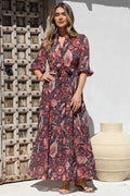 Jenni Maxi Dress - Frill Collar 3/4 Sleeve Dress with Waist Tie in Narah Print