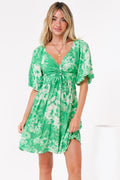 Justina Mini Dress - V-Neck Gathered Bodise On or Off Shoulder Mini Dress in Sondra Print Green