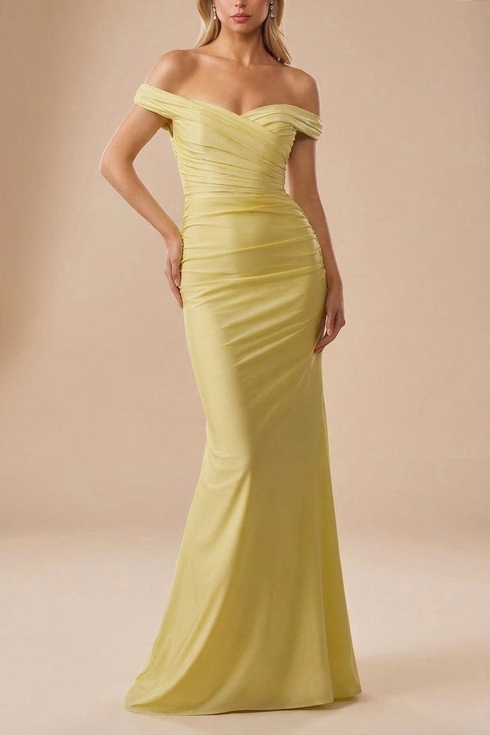 Kailey Light Yellow | Satin Off Shoulder Maxi Dress