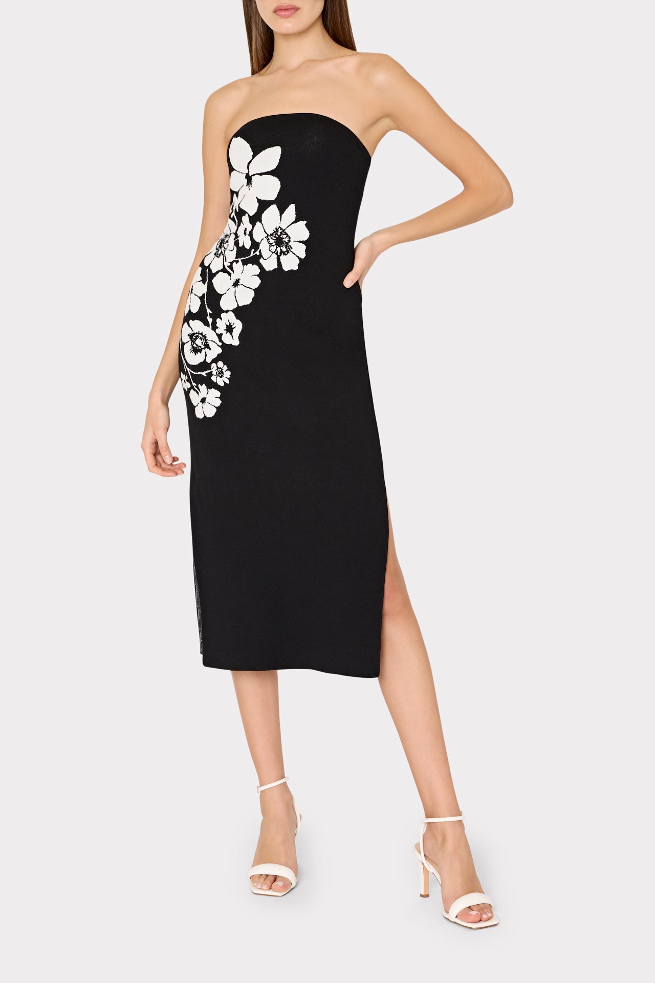 Placed Floral Strapless Knit Midi Dress