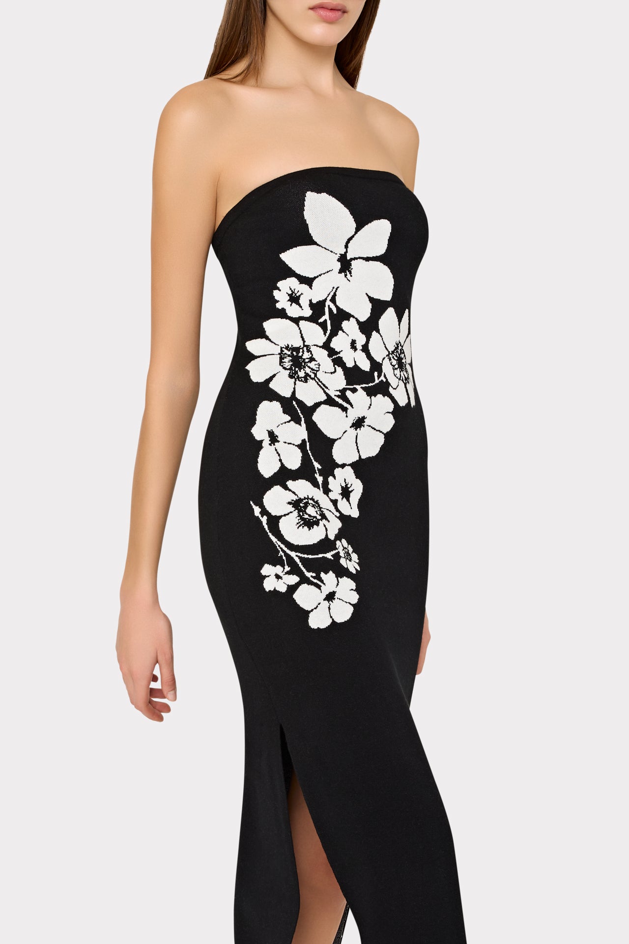 Placed Floral Strapless Knit Midi Dress