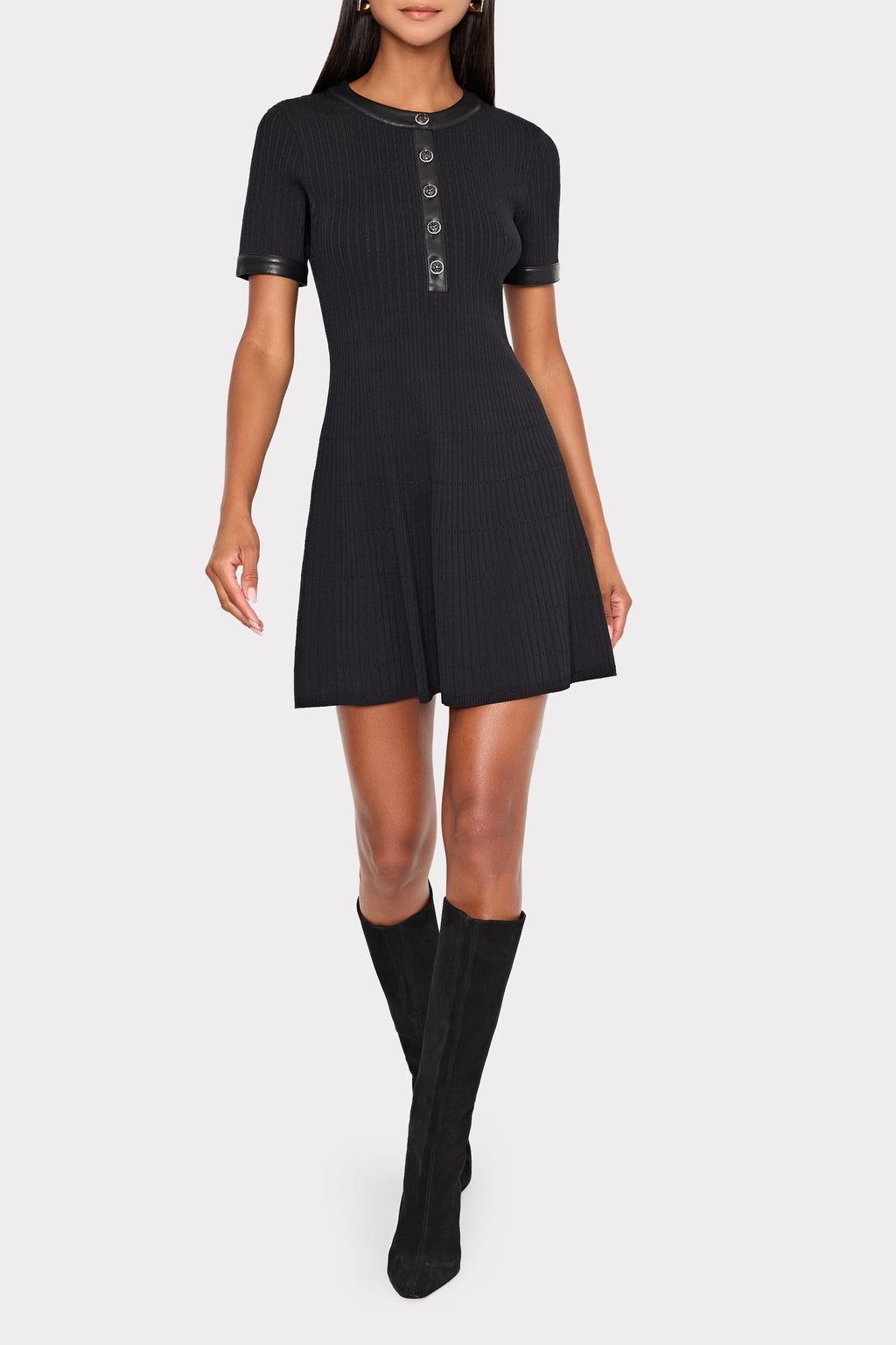 Leather Detail Flare Knit Mini Dress