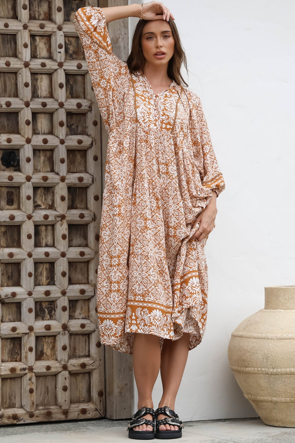 Kamali Midi Dress - Batwing Sleeve Smock Dress with Lace Detailing in Harley Print Rust