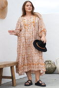 Kamali Midi Dress - Batwing Sleeve Smock Dress with Lace Detailing in Harley Print Rust