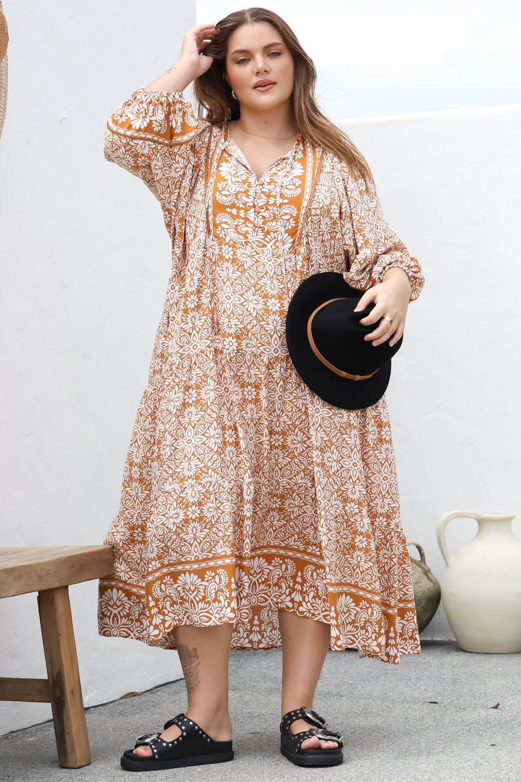 Kamali Midi Dress - Batwing Sleeve Smock Dress with Lace Detailing in Harley Print Rust