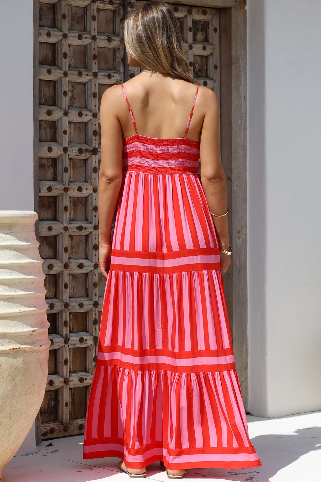 Kelis Maxi Dress - Adjustable Strap Sun Dress with Pockets in Bandi Stripe Pink