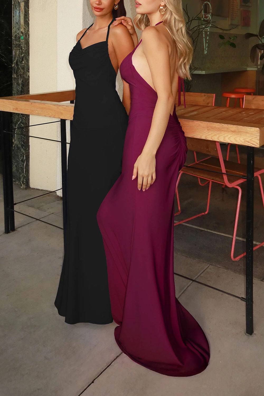 Lindy Burgundy | Fitted Open Back Maxi Dress with Versatile Neckline
