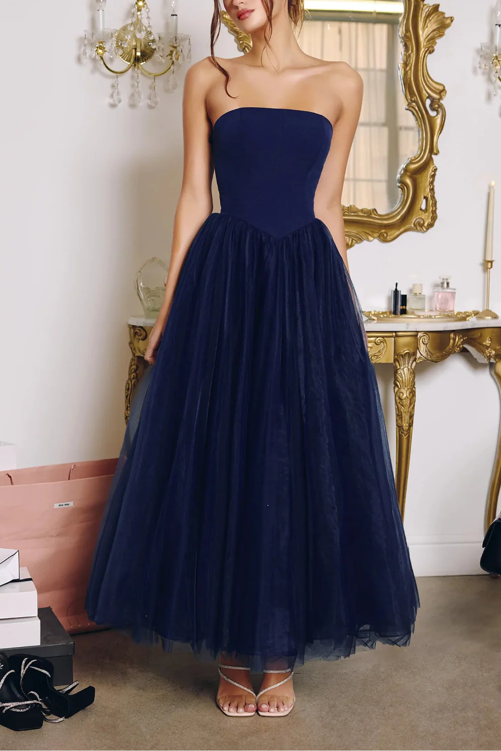 Makoto Navy | Maxi Strapless A-Line Dress