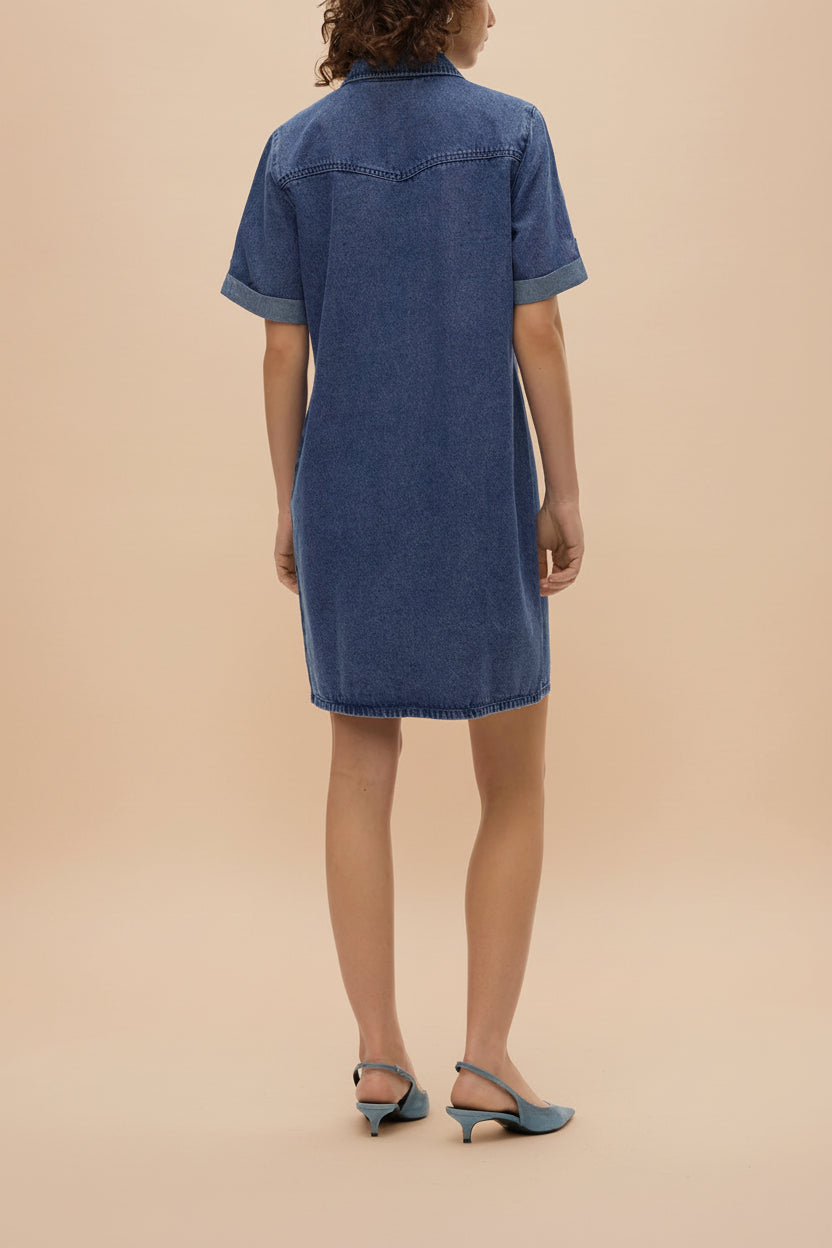 Malda | Short Blue Denim Shirt Dress with Pockets