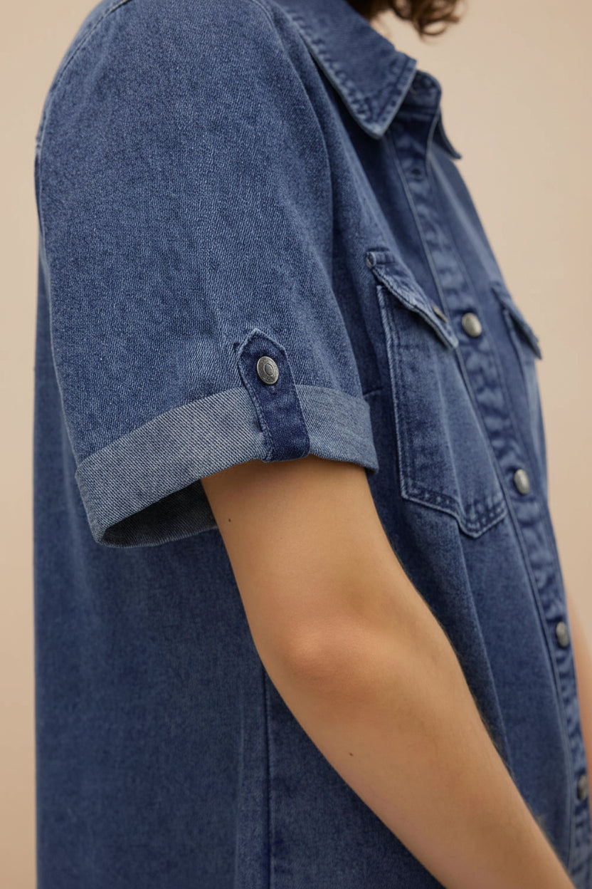 Malda | Short Blue Denim Shirt Dress with Pockets
