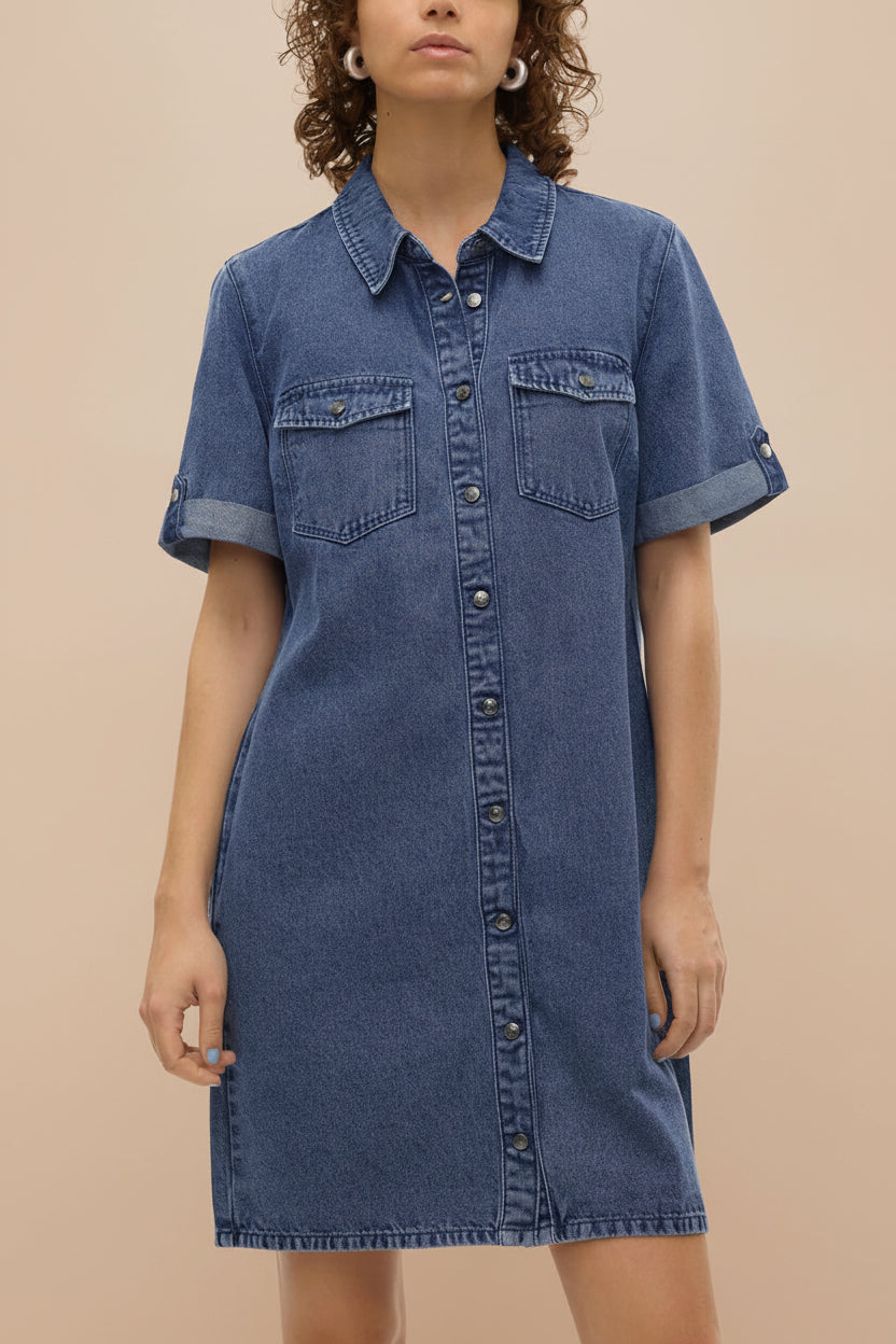 Malda | Short Blue Denim Shirt Dress with Pockets