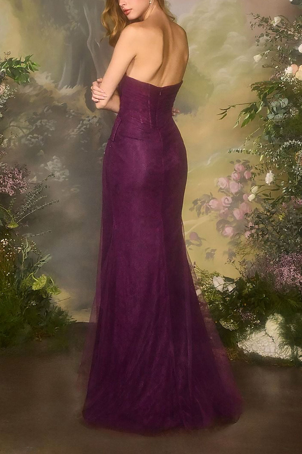 Melora Purple | Strapless Maxi Lace Dress with High Slit