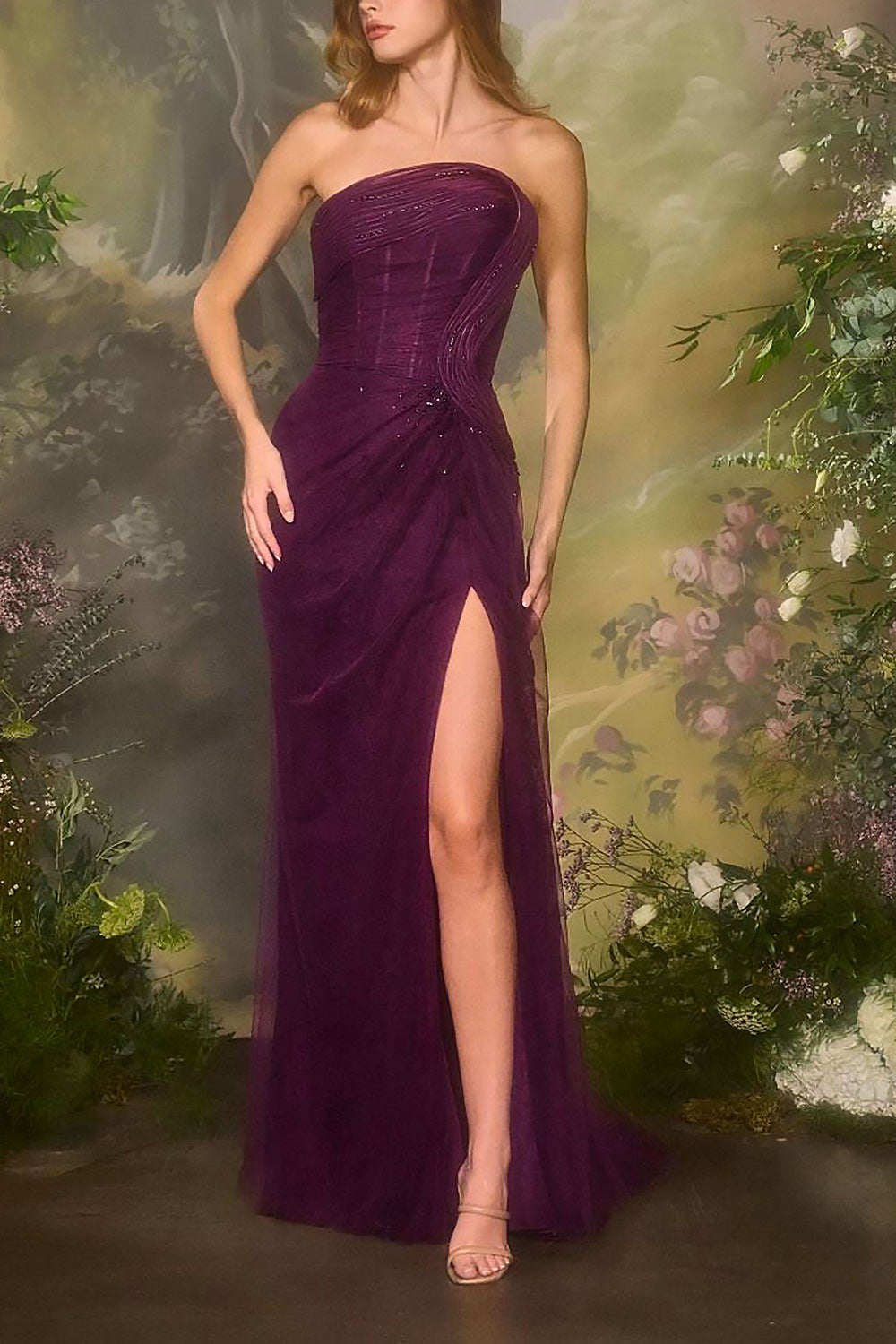 Melora Purple | Strapless Maxi Lace Dress with High Slit
