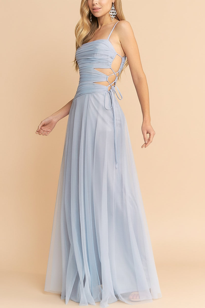 Micah Light Blue | Tulle Maxi Dress with Ruched Bodice and Side Cutouts