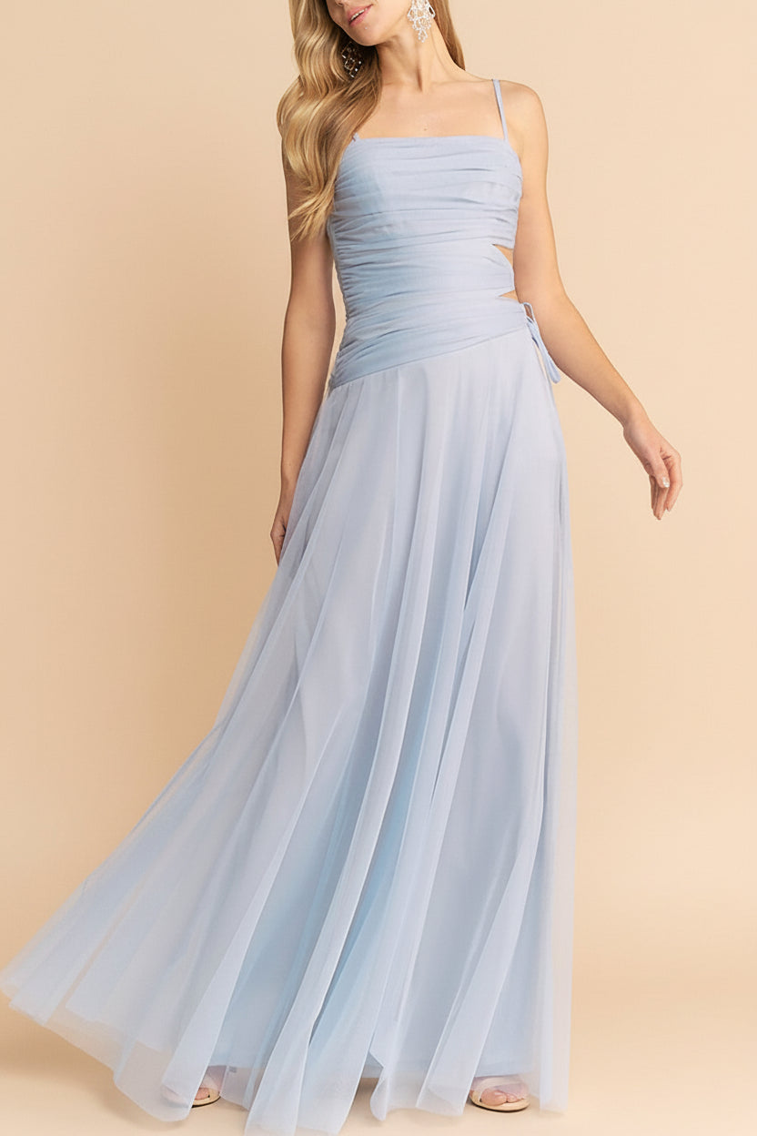 Micah Light Blue | Tulle Maxi Dress with Ruched Bodice and Side Cutouts