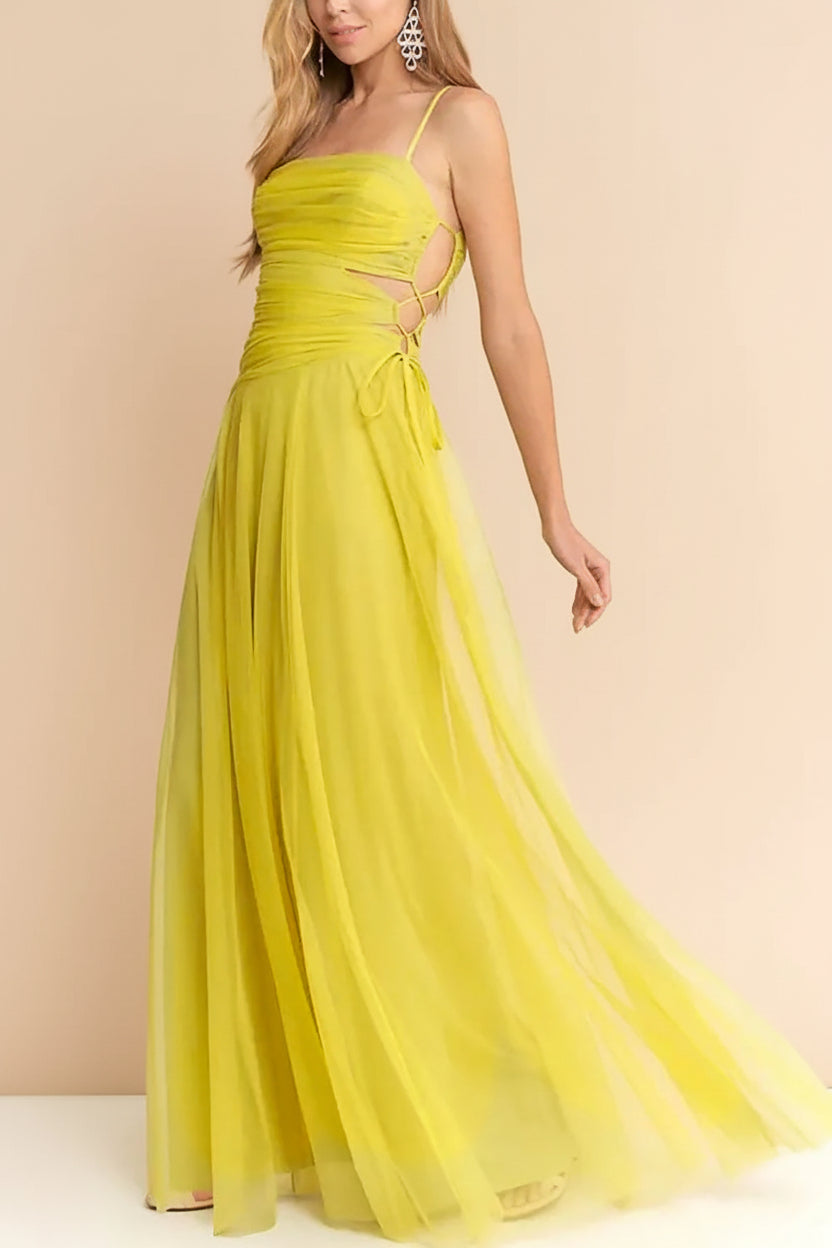 Micah Chartreuse | Tulle Maxi Dress with Ruched Bodice and Side Cutouts